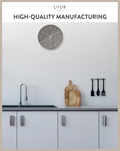 LUUK LIFESTYLE Modern Silent Quartz Wall Clock, 12in, Dark Grey & Gold | Chic & Minimalist, Non-ticking, Analog, Arabic numerals, Easy-to-read, Battery operated, for Living Room, Mantel, Foyer - color: Dark Grey, 12"