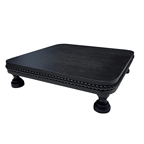 dwellington Farmhouse Display Wood Riser, 12" Decorative Black Beaded Pedestal Stand, Square Tiered Tray Decor for Kitcher Decor, Countertop