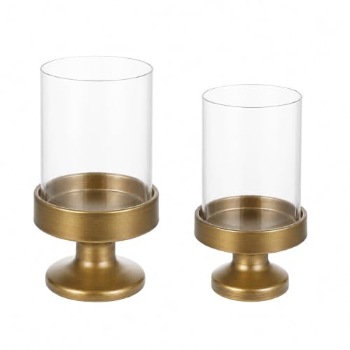 Set of 2 Glass Hurricane Candle Holders for Pillars with Metal Base in Antique Brass, Glass Candle Holder, Centerpiece, for Weddings, Dinner Parties, Dining Tables, Console Tables, Mantels - color: Antique Brass, size: Set of 2 Riser
