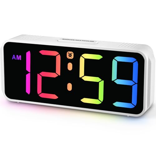 Peakeep Small Cute Digital Alarm Clock Plug in for Kids Bedroom Bedside - color: White With Colorful (Plug-in, Ultra-compact)