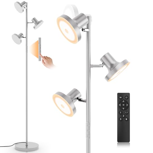 SIBRILLE 36W LED Tree Floor Lamp, Modern Dimmable Standing Lamp with Remote & Touch Control, 4 Color Temperatures, 3 Rotatable LED Light Floor Lamps for Living Room, Bedroom, Office - color: Silver
