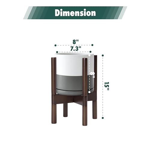 D'vine Dev Ceramic Pot with Walnut Wood Stand, White/Grey, 8 in, 55-B-Y-6 - color: White/Grey Pot + Walnut Color Stand, size: 8 Inch