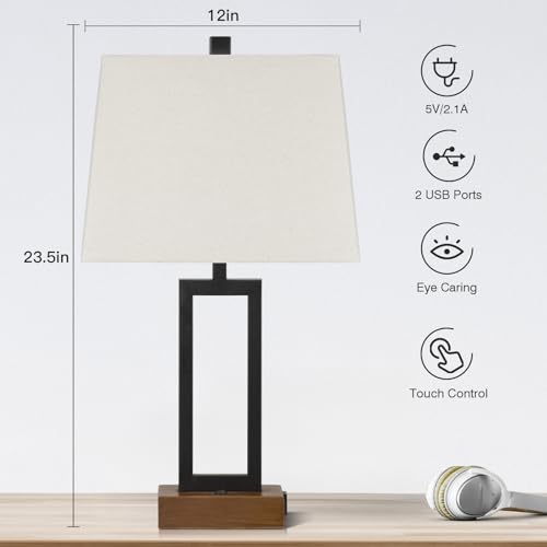 Lolikit Table Lamp for Bedroom Set of 2 with 2 USB Ports and AC Power Outlet, 23.5" Modern Bedside Lamp, Wood Nightstand Lamp with Linen Shade for Living Room Hotel Desk(LED Bulb Included) - color: Beige - 23.5"H