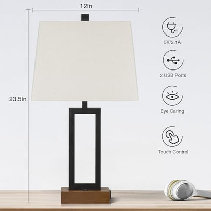 Lolikit Table Lamp for Bedroom Set of 2 with 2 USB Ports and AC Power Outlet, 23.5" Modern Bedside Lamp, Wood Nightstand Lamp with Linen Shade for Living Room Hotel Desk(LED Bulb Included) - color: Beige - 23.5"H