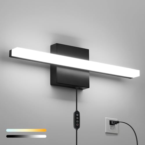 Combuh Black Plug in Vanity Light Bar Corded for Bathroom Lighting Fixture No Wiring, 16Inch 5 Colors Adjustable Dimmable Modern Bright Daylight Mirror Lamp for Wall Dressing Room Makeup (with Plug) - color: 5CCT-Dimmable-With Plug, size: 16inch