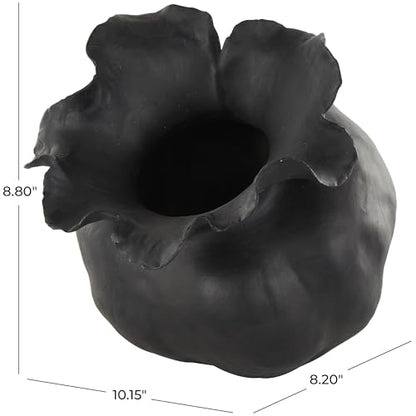 Deco 79 Ceramic Abstract Wide Rounded Floral Shaped Vase with Petal Rim, 8" x 10" x 9", Black - color: Black, size: 8" x 10" x 9"
