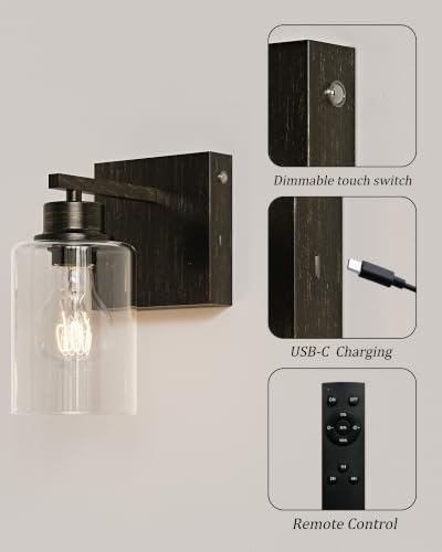 Rayogale Wireless Battery Operated Wall Sconce Set of 2 with Remote Control | Retro Industrial Black Brass Dimmable Easy Install Rechargeable Wall Light with Timer for Living Room Bedroom Emergency 3000K - color: Retro Black Brass(Clear Lampshades)