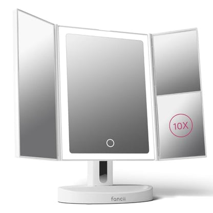 Fancii LED Lighted Vanity Makeup Mirror, Rechargeable Trifold Mirror with 5X & 10x Magnifications - 68 Dimmable Natural Lights, Touch Screen, Best Adjustable Make Up Mirror with Cosmetic Stand