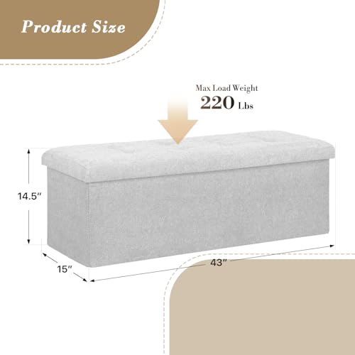 Athena Collection 43" Storage Ottoman Bench Folding Bench with 130L Hidden Storage, Large End of Bed Bench Linen Foot Rest Stool Chest with Flipping Lid for Living Room, Bedroom, Entryway, Light Gray - color: Light Gray, style: 43" Linen