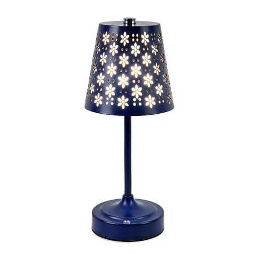 Cordless Table Lamp with Floral Cutout Shade, Portable Light, Navy Blue - color: Navy Blue