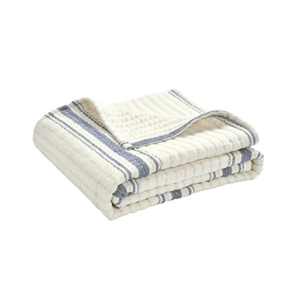 Lush Decor Farmhouse Stripe Kantha Pick Stich Yarn Dyed Cotton Woven Throw Reversible Ticking Pinstripe Design Blanket, 50" x 60", Navy - color: Navy
