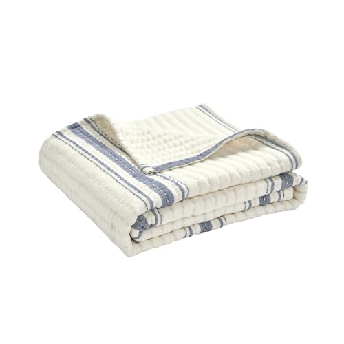 Lush Decor Farmhouse Stripe Kantha Pick Stich Yarn Dyed Cotton Woven Throw Reversible Ticking Pinstripe Design Blanket, 50" x 60", Navy - color: Navy