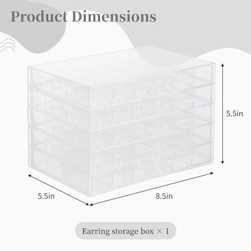 Homaisson Earring Storage Box Organizer, Acrylic Jewelry Storage Box Holder with 5 Drawers, Transparent Jewelry Display Stand with 120 Small Compartments, Earring Gift Box for Women