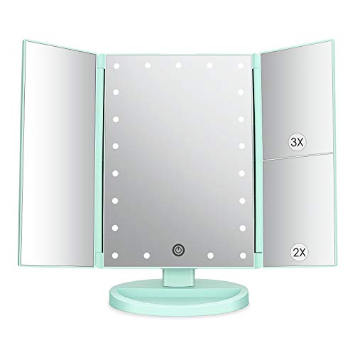 deweisn Tri-Fold Lighted Vanity Tabletop Mount Mirror with 21 LED Lights, Touch Screen and 3X/2X/1X Magnification, Two Power Supply Mode Make up Mirror,Travel Mirror - color: Green