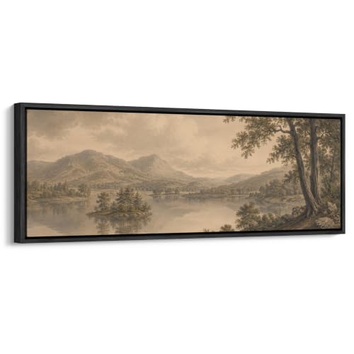 wall26 Large Framed Wall Art Canvas Print - Sepia Antique Vintage Lake Mountain - Contemporary Artwork for Living Room Bedroom Office - 60"x20" Black - color: A07-2607-ANG15, size: 60"L x 20"W, style: Black Frame