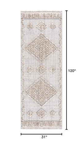 Hauteloom Aria Hallway, Kitchen Runner Rug - Medallion Diamond Geometric Border Distressed - Bohemian Transitional Tribal Boho Traditional - Charcoal, Cream, Beige, Gray, Light - 2'7" x 10' - color: Charcoal, Cream, Beige / Ampusungan, size: 2'7" x 10' (R