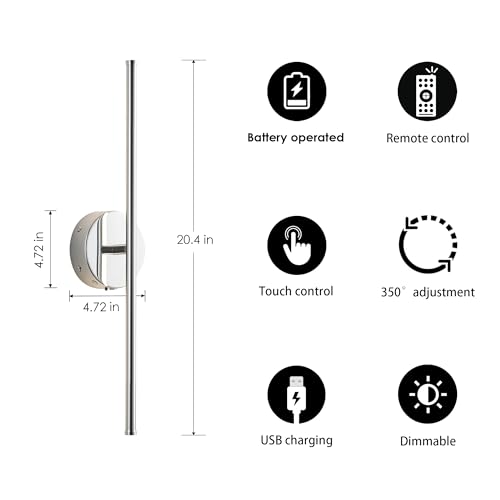 KARTOOSH Battery Operated Wall Sconces Set of Two Wireless Wall Lights - color: Chrome, size: 20.4 Inches
