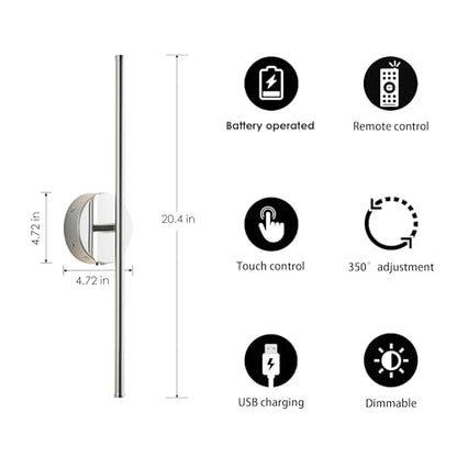 KARTOOSH Battery Operated Wall Sconces Set of Two Wireless Wall Lights - color: Chrome, size: 20.4 Inches
