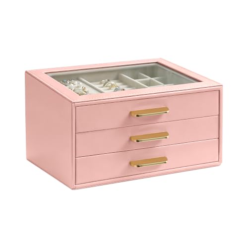 Homeanda Jewelry Boxes Organizer with Glass Lid, 3-Layer PU Leather, Pink - color: Mauve Pink, size: 3 Layer