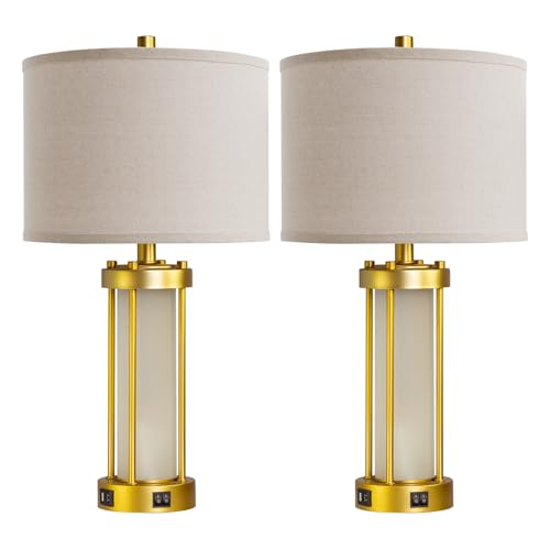 RORIA Modern Table Lamps for Living Room Set of 2 with 2 USB Ports - color: Gold