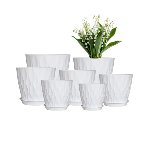 Plant Pots, Plastic Flower Pots for Indoor & Outdoor Plants, Planters with Drainage Holes and Saucer, Garden Pot for Plants (White 7/6.5/6/5.5/5/4.5/4 inch) - color: White 7/6.5/6/5.5/5/4.5/4 Inch