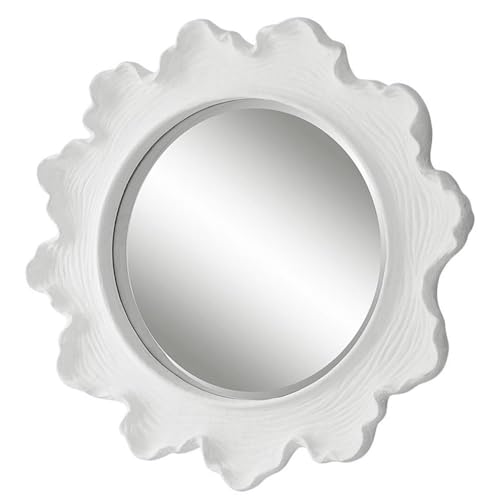 MAKLAINE Round Coastal Accent Mirror, Resin, Glass, MDF, Matte White Finish, 33.63"x33.63", Textured Coral-Inspired Design, Contemporary Style Decorative Wall Mirror for Living Room or Bedroom