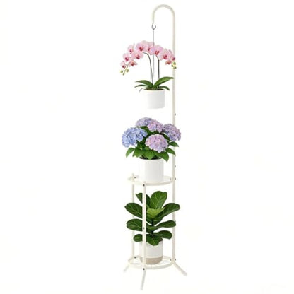 2-Tier Plant Stand With Hanging Hook, Metal Standing Plant Hanger, White - color: White