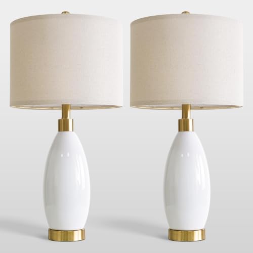 USumkky 24" White Oval Ceramic Table Lamp Set of 2, Modern Minimalist Bedside Nightstand Lamps for Bedroom Living Room, Linen Shade & Gold Metal Base, Rotary Switch E26 (Bulbs Excluded) - color: 24" Teardrop-2 Pack