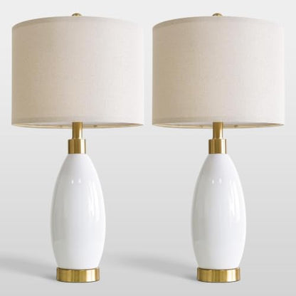 USumkky 24" White Oval Ceramic Table Lamp Set of 2, Modern Minimalist Bedside Nightstand Lamps for Bedroom Living Room, Linen Shade & Gold Metal Base, Rotary Switch E26 (Bulbs Excluded) - color: 24" Teardrop-2 Pack