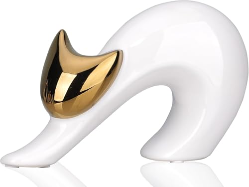 Abstract Stretching Cat Statue for Modern Home Decor, 4.75'' White and Gold Minimalist Cat Figurine for Table, Shelf, Desk, Entryway, Mantle Decor, Perfect for Animal & Pet Lovers - color: White