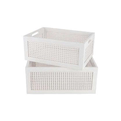 White Wooden Storage Baskets with Handle, Rectangular Set of 2 - color: White, size: Large & Small (Set of 2)