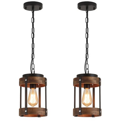 2 Pack Rustic Farmhouse Wood Pendant Light Fixture One-Light Adjustable Chain Oak Wood and Metal Drum Cage Small Pendant Lighting for Kitchen Island Sink Hallway Farmhouse Bathroom Bar, Black - size: Small pendant light 2 pack