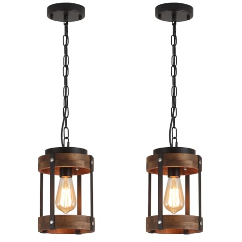2 Pack Rustic Farmhouse Wood Pendant Light Fixture One-Light Adjustable Chain Oak Wood and Metal Drum Cage Small Pendant Lighting for Kitchen Island Sink Hallway Farmhouse Bathroom Bar, Black - size: Small pendant light 2 pack