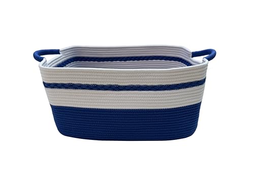 Decorative laundry basket with handles woven from natural cotton rope storage blankets for living room cute boho quilted gift baskets for clothes pillows toys 20"x14"x10" White/Blue - color: white/blue, size: 47L 20"x14"x10"