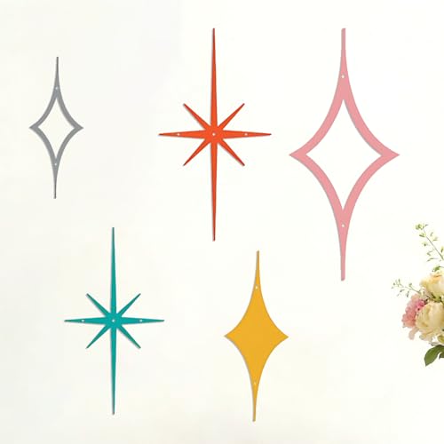 ELENWYNN 5 Pcs Metal Starburst Shaped Wall Decor Art, Iron Mid Century Modern Sculpture, Retro Atomic Stars Sign, Elegance Accents Vintage Celestial Whimsigoth Hangings For Home Office Room-Red - color: 5-Pcs Star Set - Red