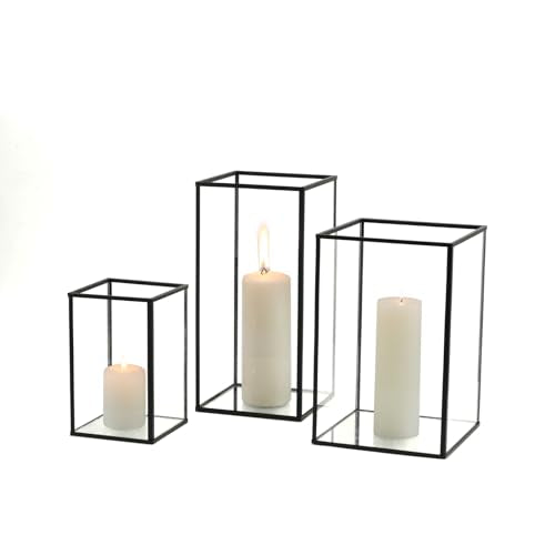 PHOSPHOR Glass Hurricane Candle Holder Set of 3 PCS Large Glass Square Candle Holder Black Lanterns Decorative for Pillar Candle Indoor Candle - color: Black 3pcs-large