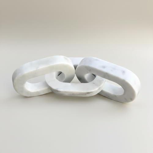 Natural White Marble 3-Link Chain Decor – 13.5 Inch Oval Cornered Design Handcrafted Marble Chain Sculpture Modern Tabletop & Shelf Accent for Home Décor
