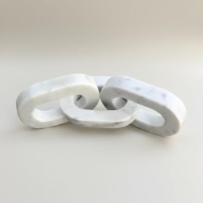 Natural White Marble 3-Link Chain Decor – 13.5 Inch Oval Cornered Design Handcrafted Marble Chain Sculpture Modern Tabletop & Shelf Accent for Home Décor