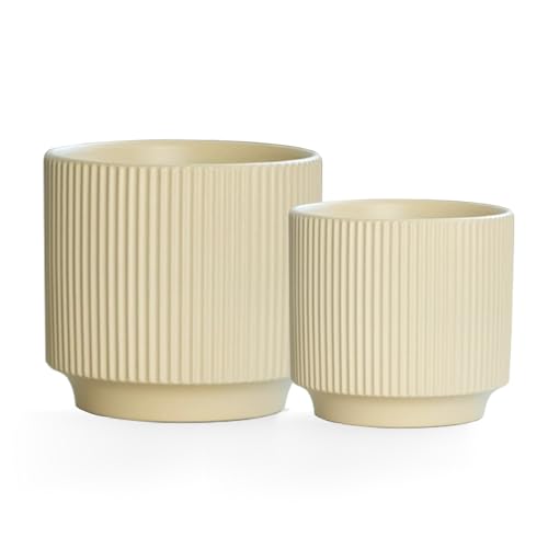Ceramic 4.9+6.3 inch Planters, Modern Home and Office Flowerpot, Indoor and Outdoor Flowerpot with Drainage Hole (Light Yellow) - color: Light Yellow