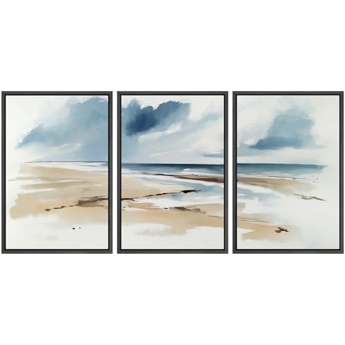 SIGNWIN Framed Canvas Print Wall Art Set Coastal Beach Horizon Blue and Tan Seascape Illustrations Modern Art Decorative Boho Relax/Zen Nordic for Living Room, Bedroom, Office - 16"x24"x3 Black - color: A07-2506-m03, size: 16"x24"x3 Panels Black
