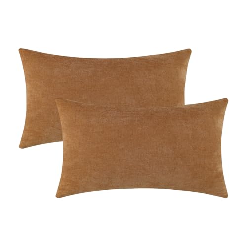 Jeneoo Golden Brown Decorative Throw Pillow Covers Soft Chenille Comfy Lumbar Couch Cushion Cases for Living Room Sofa Decor (Set of 2, 12 x 20 Inches) - color: Golden Brown, size: 20" x 12" (Pack of 2)