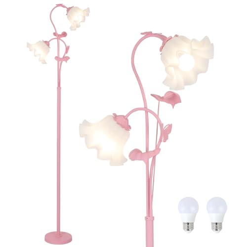HMVPL Pink Flower Floor Lamp, Floral Standing Lamp with 2 LED 5W Blubs, Foot Switch, Modern Corner Tall Lamp with Acrylic Shade, Girls Cute Floor Lamp for Living Room Bedroom Office Kids Reading - color: Pink
