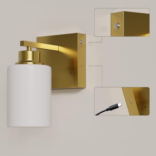 Wireless Battery Operated Wall Sconce Set of Two, Modern, White Glass, Gold | Dimmable, Easy Install Rechargeable Wall Lights with Timer Remote for Living Room Bedroom, Emergency 3000K - color: Gold(White Lampshades)