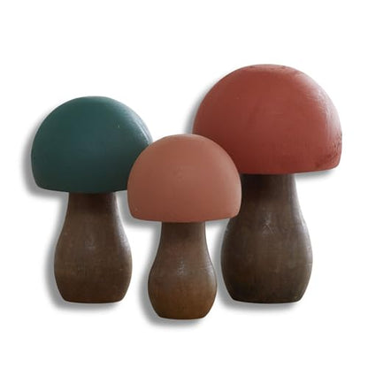 Wood Mushrooms, Set of 3, Green Orange (Forest Paint 3) - color: Forest 3