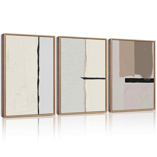 KUVIOKE Neutral Abstract Framed Wall Art Beige Mid Century Textured Wall Decor Minimalist Modern Illustrations Art Print for Living Room Bedroom 12x16in (Natural Framed) - color: Textured Abstract, size: 12 x 16in x 3 Panels Natural