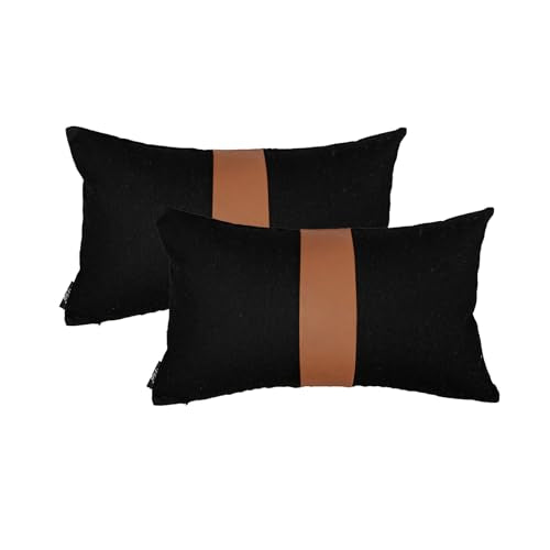 Set of 2 Black Decorative Throw Pillow Cover 12x20 Lumbar Accent Cushion Covers Farmhouse Rustic Pillow Case Modern Leather Pillow Cover for Sofa Couch Chair Bedroom Boho Decor - color: Black & Brown, size: 20" x 12" (Pack of 2)