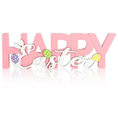 COCHIE Wooden Happy Easter Sign, Spring Decorations for Home, Office, Shelf, Mantel, Indoor, Wood Bunny Ear Egg Decor, Pink Spring Table Top Party Supplies Decoration (Easter) - color: Easter