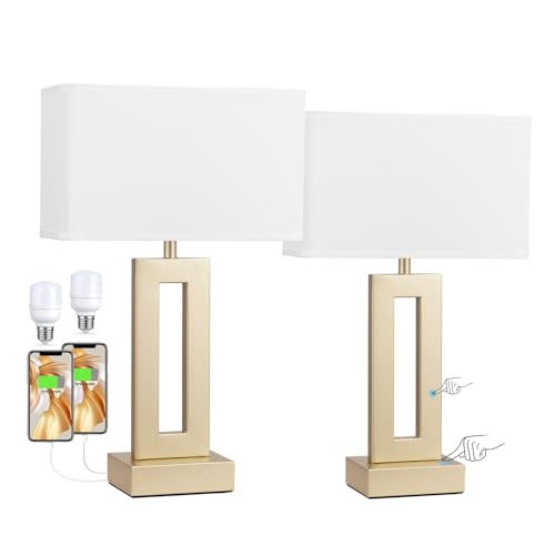 Gold Table Lamps Set of 2, 16.4" Bedside Lamps for Nightstand with USB C+A - color: A. White&Gold, size: Medium(16.4in)