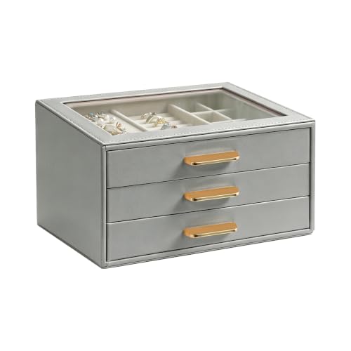 Homeanda Jewelry Boxes Organizer with Glass Lid, 3-Layer PU Leather, Grey - color: Grey, size: 3 Layer