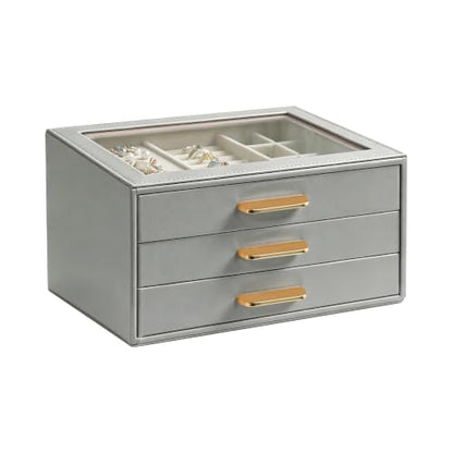 Homeanda Jewelry Boxes Organizer with Glass Lid, 3-Layer PU Leather, Grey - color: Grey, size: 3 Layer
